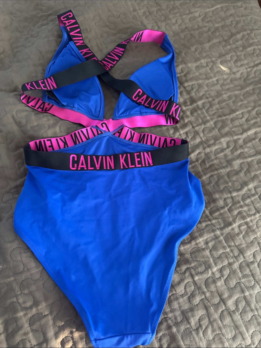 Calvin Klein Cobalt Blue High-Waist Bikini with Pink Logo Bands - Picture 2 of 3